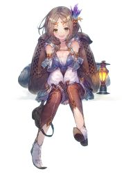 Rule 34 | 1girl, armlet, atelier (series), atelier firis, backpack, bag, benitama, boots, braid, brown hair, firis mistlud, frills, gloves, green eyes, hair ornament, highres, jewelry, knife, lantern, long hair, looking at viewer, open mouth, simple background, skirt, solo, thighhighs, tiara, weapon, white background