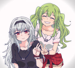 Rule 34 | 2girls, alternate costume, black shirt, blush, clothes around waist, collarbone, commentary, closed eyes, facing viewer, girls&#039; frontline, green hair, grin, hairband, jacket, jacket around waist, jewelry, korean commentary, long hair, m950a (girls&#039; frontline), multiple girls, necklace, red eyes, shirt, short sleeves, shorts, sidarim, silver hair, simple background, smile, thunder (girls&#039; frontline), twintails, upper body, v, white background, white shirt