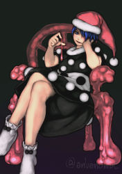 Rule 34 | 1girl, blue eyes, blue hair, crossed legs, doremy sweet, dress, elbow rest, envenomist (gengoroumaru), hair over one eye, hand up, hat, head rest, highres, looking at viewer, nightcap, no shoes, parted lips, pom pom (clothes), sitting, slime (substance), smirk, socks, solo, touhou, twitter username