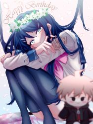 Rule 34 | 1girl, ahoge, black thighhighs, blue eyes, blue hair, blurry, blurry foreground, bow, character doll, covered mouth, danganronpa: trigger happy havoc, danganronpa (series), depth of field, dokudokudoku, feet out of frame, flower, grey background, grey shirt, hair flower, hair ornament, hairclip, happy birthday, highres, knees up, long hair, looking at viewer, maizono sayaka, naegi makoto, petals, pink bow, school uniform, shirt, skirt, smile, solo, thighhighs, white flower