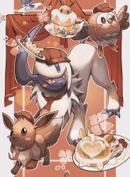 Rule 34 | absol, animal focus, bird, brown headwear, cake, claws, creatures (company), eevee, food, forehead jewel, game freak, gen 1 pokemon, gen 3 pokemon, gen 7 pokemon, gen 8 pokemon, globe, hat, highres, horns, necktie, nintendo, no humans, open mouth, orange background, owl, pillarboxed, plate, pokemon, pokemon (creature), pokemon cafe remix, red eyes, red necktie, reo (mmocc123), rowlet, single horn, solid oval eyes, tail, tomato, white fur, yamper