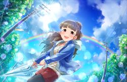 Rule 34 | 10s, 1girl, artist request, black pantyhose, blue sky, blunt bangs, blush, chain-link fence, closed umbrella, cloud, cloudy sky, collarbone, day, denim, denim jacket, eyebrows, fence, hair bun, holding, holding umbrella, hood, hooded jacket, idolmaster, idolmaster cinderella girls, idolmaster cinderella girls starlight stage, jacket, jeans, kamiya nao, long hair, official art, open mouth, outdoors, pants, pantyhose, pink eyes, rainbow, red shorts, shirt, shorts, single hair bun, sky, smile, solo, striped clothes, striped shirt, sunlight, teeth, tree, umbrella, utility pole