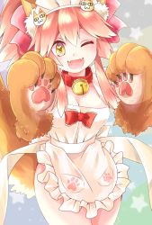 Rule 34 | 1girl, animal ear fluff, animal ears, animal hands, apron, bad id, bad pixiv id, bell, blush, breasts, cat hair ornament, cat paws, cleavage, collar, fangs, fate/grand order, fate (series), fox ears, fox tail, gloves, hair ornament, hair ribbon, heart, heart-shaped pupils, highres, jingle bell, large breasts, long hair, looking at viewer, maid headdress, naked apron, neck bell, one eye closed, open mouth, paw gloves, pink hair, ponytail, red ribbon, ribbon, solo, symbol-shaped pupils, tail, tamamo (fate), tamamo cat (fate), tamamo cat (third ascension) (fate), wagahaihapan, yellow eyes