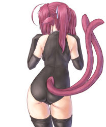 Rule 34 | 1girl, ahoge, animal ears, ass, back, black thighhighs, clothing cutout, dd (ijigendd), elbow gloves, from behind, gloves, hair ribbon, leotard, long hair, multiple tails, pink hair, red hair, ribbon, simple background, skin tight, solo, tail, tail through clothes, thigh gap, thighhighs, thighs, twintails