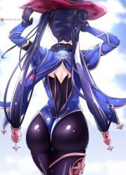 Rule 34 | 1girl, ass, cape, from behind, genshin impact, gloves, hair ornament, hair ribbon, hat, highres, huge ass, leotard, long hair, mona (genshin impact), o22no, pantyhose, purple hair, ribbon, shiny clothes, shiny skin, solo, thighlet, twintails, very long hair