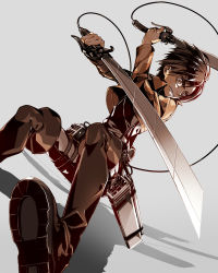 Rule 34 | 1boy, 218, action, belt, brown eyes, dual wielding, eren yeager, holding, jacket, male focus, shingeki no kyojin, short hair, simple background, solo, sword, thigh strap, three-dimensional maneuver gear, weapon