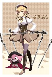 Rule 34 | 10s, 1girl, bad id, bad pixiv id, beret, blonde hair, boots, breasts, charlotte (madoka magica), corset, detached sleeves, drill hair, fingerless gloves, gloves, gun, hair ornament, hat, highres, large breasts, light smile, madoka runes, magical girl, magical musket, mahou shoujo madoka magica, mahou shoujo madoka magica (anime), mate@juken, pleated skirt, puffy sleeves, rifle, shirt, skirt, smile, striped clothes, striped thighhighs, taut clothes, taut shirt, thighhighs, tomoe mami, twin drills, twintails, vertical-striped clothes, vertical-striped thighhighs, weapon, yellow eyes, zettai ryouiki