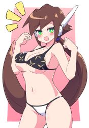 Rule 34 | 1girl, absurdres, aile (mega man zx), arms up, bikini, blush, breasts, brown hair, buzzlyears, capcom, collarbone, embarrassed, female focus, green eyes, highres, large breasts, long hair, looking at viewer, mega man (series), mega man zx, mega man zx advent, navel, pink background, ponytail, robot ears, shiny skin, simple background, smile, solo, swimsuit, very long hair, wavy mouth