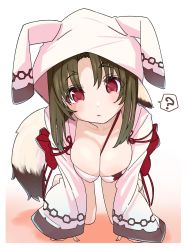 Rule 34 | 1girl, absurdres, ainu clothes, all fours, animal ears, aquaplus, blush, breasts, breasts squeezed together, brown hair, cleavage, cleavage cutout, closed mouth, clothing cutout, collarbone, full body, fur, head tilt, highres, hithili, hood, hood up, hooded jacket, hoodie, inui (utawarerumono), jacket, large breasts, long hair, long sleeves, looking at viewer, question mark, red eyes, sidelocks, solo, speech bubble, swimsuit, tail, thighs, utawarerumono, utawarerumono: lost flag