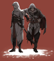 Rule 34 | 2boys, altair ibn la-ahad, armor, assassin&#039;s creed, assassin&#039;s creed (series), assassin&#039;s creed ii, blade, brown hair, cape, ezio auditore da firenze, gloves, hand on own hip, hood, leaning on person, male focus, multiple boys, smile