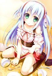 Rule 34 | 1girl, :o, absurdres, blue hair, colored eyelashes, cup, d:, failure, from above, green eyes, highres, kurano ema, kurano kun chi no futago jijou, loafers, long hair, looking at viewer, maid headdress, nozomi tsubame, off shoulder, open mouth, parted lips, saucer, shoes, sitting, spill, spoon, tareme, tea, teacup, tears, teaspoon, two side up, very long hair, waitress, wariza, wooden floor