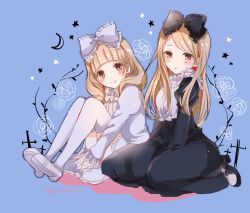 Rule 34 | 2girls, black bow, blonde hair, blunt bangs, bow, dress, full body, gothic lolita, hair bow, itadaki31, jessica (jinrou judgment), jinrou judgment, lolita fashion, long hair, looking at viewer, mary janes, multiple girls, puffy sleeves, sandra (jinrou judgment), shoes, siblings, sisters, smile, swept bangs, thighhighs, twins