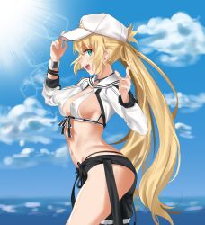 Rule 34 | 1girl, absurdres, artoria caster (fate), artoria caster (swimsuit) (fate), artoria caster (swimsuit) (first ascension) (fate), artoria pendragon (fate), baseball cap, bikini, blonde hair, blue sky, breasts, covered erect nipples, das (dan dan), fate/grand order, fate (series), green eyes, hat, highres, long hair, long sleeves, looking at viewer, medium breasts, open mouth, sideboob, sky, smile, solo, sunlight, swimsuit, twintails, very long hair, white hat