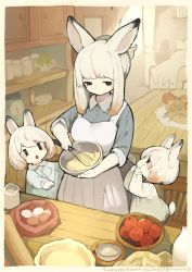 Rule 34 | 1boy, 2girls, animal ears, apple, apple pie, apron, batter, bed, bottle, bowl, cabinet, curtains, dress, egg, food, fruit, holding, jar, jitome, lamp, multiple girls, personification, plate, pointing, rabbit boy, rabbit ears, rabbit girl, rabbit tail, sakutake (ue3sayu), shirt, short hair, siblings, table, tail, whisk, wooden chair, wooden table, | |, || ||