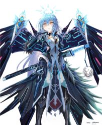 Rule 34 | absurdres, aimu (angry9565), armor, armored boots, armored dress, artist name, blue hair, blue halo, boots, code: sariel (elsword), code: ultimate (elsword), cracked mask, crying, crying with eyes open, elsword, energy, eve (elsword), gloves, halo, highres, holding, holding sword, holding weapon, jewelry, katana, long hair, looking at viewer, mask, mechanical gloves, mechanical wings, open mouth, pointing, pointing at viewer, rimuru tempest, sad, sheath, sheathed, shoulder armor, simple background, spikes, sword, tears, tensei shitara slime datta ken, twitter username, watermark, weapon, white background, wings, yellow eyes