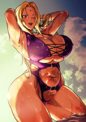 Rule 34 | 1girl, :d, absurdres, armpits, arms behind head, arms up, backlighting, bare shoulders, blonde hair, breasts, bursting breasts, cleavage, cloud, collarbone, covered erect nipples, dutch angle, facial mark, female focus, forehead mark, highres, huge breasts, kyuugata, long hair, looking at viewer, low ponytail, muscular legs, naruto, naruto (series), naruto shippuuden, navel, one-piece swimsuit, one eye closed, open mouth, outdoors, plump, ponytail, purple one-piece swimsuit, red eyes, sky, smile, solo, standing, sunset, swimsuit, thick thighs, thighs, tsunade (naruto), v-shaped eyebrows, wading, water, wet
