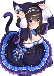 Rule 34 | 1girl, absurdres, animal hood, argyle, argyle clothes, argyle legwear, black hair, blue bow, blue capelet, blue dress, blue eyes, blue pantyhose, blush, bow, breasts, capelet, cat hood, cat tail, chain, cleavage, closed mouth, crescent, crescent pin, cross-laced clothes, diadem, dress, frills, go-1, halloween costume, hands up, highres, hood, hooded capelet, idolmaster, idolmaster cinderella girls, jewelry, large breasts, long hair, long sleeves, looking at viewer, pantyhose, pendant, sagisawa fumika, simple background, solo, spider web print, tail, white background