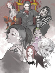 Rule 34 | 2girls, 5boys, beard, chair, commentary request, cross, donato porpora, facial hair, furuta nimura, gloves, gradient background, grey background, highres, hoito roma, itori (tokyo ghoul), long hair, looking at viewer, multiple boys, multiple girls, neck tattoo, nico (tokyo ghoul), open mouth, pants, parted bangs, ponytail, red gloves, red hair, red pants, shikorae (tokyo ghoul), shirt, short hair, shoulder tattoo, sitting, smile, stfr (stfr kaz), striped clothes, striped shirt, tattoo, teeth, tokyo ghoul, tongue, tongue out, uta (tokyo ghoul), white background