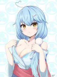 Rule 34 | 1girl, :o, absurdres, ahoge, bare shoulders, blue hair, blue kimono, blush, breasts, cleavage, collarbone, commentary request, hair between eyes, hair ornament, hairclip, hands up, heart, heart ahoge, highres, hololive, japanese clothes, kimono, large breasts, long hair, long sleeves, looking at viewer, multicolored hair, obi, off shoulder, parted lips, print kimono, sash, sato art, solo, streaked hair, virtual youtuber, white background, wide sleeves, yellow eyes, yukihana lamy, yukihana lamy (new year)