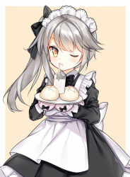 Rule 34 | 1girl, alternate costume, apron, baozi, black bow, black dress, blush, bow, brown background, brown eyes, cup, dress, drinking glass, drinking straw, enmaided, food, frilled dress, frills, grey hair, hair bow, holding, holding plate, juliet sleeves, long hair, long sleeves, maid, maid apron, maid headdress, milk, ning hai (warship girls r), one eye closed, parted lips, plate, puffy sleeves, side ponytail, sidelocks, solo, tengxiang lingnai, two-tone background, v-shaped eyebrows, warship girls r, white apron, white background