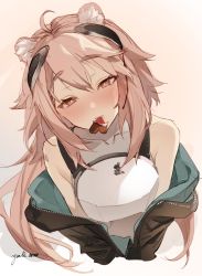 Rule 34 | 1girl, ahoge, animal ear fluff, animal ears, arknights, armor, barcode, barcode tattoo, bare shoulders, black jacket, blush, breastplate, brown eyes, candy, chocolate, chocolate heart, covered collarbone, food, gravel (arknights), head tilt, headgear, heart, highres, jacket, long hair, looking at viewer, mouth hold, open clothes, open jacket, parted lips, pink hair, shoulder tattoo, signature, simple background, smile, solo, tattoo, unzipped, upper body, valentine, yellow background, yuuki uyu