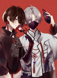 Rule 34 | 2boys, absurdres, akabane toxin, blue eyes, brown hair, carnelian blood, chat peche, clothing request, earrings, facing to the side, fox mask, hanafuda, highres, holding, holding mask, japanese clothes, jewelry, long sleeves, looking at viewer, male focus, mask, multiple boys, necklace, purple eyes, red background, short hair, somekari creha, white hair