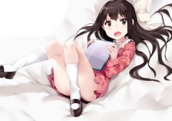 Rule 34 | 1girl, black eyes, black hair, bow, convenient leg, dress, hair bow, hair ribbon, hews, kneehighs, knees together feet apart, long hair, looking at viewer, mary janes, open mouth, ribbon, rin (shelter), shelter (song), shoes, short dress, smile, socks, solo, tablet pc, white background, white socks