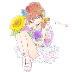 Rule 34 | 10s, 1girl, bad id, bad twitter id, bouquet, brown hair, carnation, clover, clover hair ornament, dress, flower, four-leaf clover, hair ornament, hair ribbon, low twintails, matsutohop, osomatsu-kun, osomatsu-san, ribbon, short twintails, sitting, six shame faces, smile, solo, sunflower, twintails, yowai totoko
