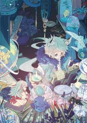 Rule 34 | 3girls, animal ears, blue eyes, blue hair, book, bubble, bug, butterfly, coat, earrings, fingernails, fire, fish, fire, flower, from above, full body, globe, horns, hpknight, insect, japanese clothes, jewelry, kimono, lamb, leaf, light, multiple girls, original, photo (medium), photo (object), smoking pipe, ribbon, ring, sheep, short hair, sitting, smile, surreal, tail, teeth, wheel, traditional youkai, yukata