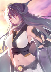 Rule 34 | 10s, 1girl, bare shoulders, black hair, breasts, criss-cross halter, elbow gloves, fingerless gloves, gloves, hair between eyes, halterneck, halterneck, headgear, kantai collection, large breasts, long hair, looking at viewer, machinery, md5 mismatch, nagato (kancolle), navel, obiwan, red eyes, skirt, sky, solo, twitter username