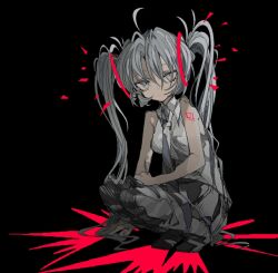 Rule 34 | 1girl, bare arms, bare shoulders, black background, blue necktie, closed mouth, commentary, expressionless, full body, grey eyes, grey hair, hair between eyes, hair ornament, hatsune miku, hen10, long hair, looking at viewer, necktie, number tattoo, shirt, shoulder tattoo, sidelocks, simple background, sleeveless, sleeveless shirt, solo, squatting, tattoo, twintails, very long hair, vocaloid, white shirt
