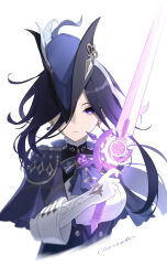 Rule 34 | 1girl, absurdres, black hair, blue hat, breasts, clorinde (genshin impact), closed mouth, commentary request, cropped torso, epaulettes, expressionless, genshin impact, gloves, hat, hat feather, highres, holding, holding sword, holding weapon, iron sting (genshin impact), long hair, long sleeves, looking at viewer, medium breasts, neneko sleep, parted bangs, purple eyes, simple background, sketch, solo, sword, tricorne, upper body, weapon, white background, white gloves