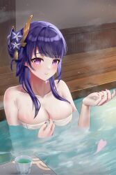 1girl absurdres blunt_bangs blush breasts cleavage collarbone commentary_request cup fingernails genshin_impact hair_ornament hand_up highres indoors large_breasts long_hair looking_at_viewer mole mole_under_eye nail_polish naked_towel onsen parted_lips partially_submerged purple_eyes purple_hair purple_nails raiden_shogun smile solo towel twig_imokenpi very_long_hair wooden_floor