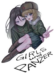 Rule 34 | 2girls, :d, :|, black hair, blonde hair, blue eyes, blush, boots, brown footwear, carrying, carrying person, closed mouth, commentary request, copyright name, fur-trimmed jacket, fur hat, fur trim, girls und panzer, green jumpsuit, hat, highres, jacket, jumpsuit, katyusha (girls und panzer), lifting person, long hair, long sleeves, looking at another, looking at viewer, machishita atake, military, military uniform, multiple girls, nonna (girls und panzer), open mouth, pleated skirt, princess carry, school uniform, short hair, short jumpsuit, simple background, skirt, smile, swept bangs, uniform, ushanka, v, white background
