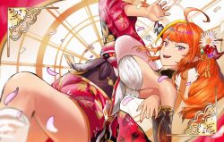 Rule 34 | 1girl, ahoge, arm up, bandages, blonde hair, blurry, blurry foreground, border, bow, breasts, cleavage, detached sleeves, diagonal-striped bow, dragon girl, dragon horns, fingernails, floral print, highres, hololive, horns, japanese clothes, kiryu coco, kiryu coco (new year), long hair, multicolored hair, nail polish, odyssey 21, open mouth, orange eyes, orange hair, patterned, patterned clothing, petals, pointy ears, ponytail, red nails, signature, skindentation, smile, solo, teeth, virtual youtuber
