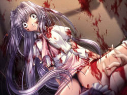 Rule 34 | 1girl, abuse, blood, blood on face, blood on clothes, brown eyes, castle fantasia 3, corpse, dark, death, empty eyes, guro, knees together feet apart, long hair, murder, pain, purple hair, skirt, solo, torn clothes, upskirt, very long hair, wall, wide-eyed, yamamoto kazue, yellow eyes