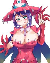 Rule 34 | 1girl, appmon, areola slip, bandai, blush, breasts, cleavage, demon girl, digimon, digimon universe: appli monsters, female focus, hat, highres, large breasts, leotard, long hair, looking at viewer, monster girl, naughty face, nipples, smile, solo, symbol-shaped pupils, warudamon