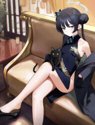 Rule 34 | 1girl, absurdres, black cat, black coat, black footwear, black gloves, black hair, blue archive, breasts, cat, china dress, chinese clothes, closed mouth, coat, commentary request, couch, crossed legs, double bun, dragon print, dress, gloves, grey eyes, hair bun, high heels, highres, kisaki (blue archive), legs, long hair, looking at viewer, on couch, pelvic curtain, single bare shoulder, single off shoulder, sitting, sleeveless, sleeveless dress, slit pupils, small breasts, striped coat, suiryuu (18559651), twintails, vertical-striped coat