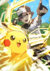 Rule 34 | 1boy, baseball cap, brown eyes, brown hair, commentary request, creatures (company), day, fingerless gloves, game freak, gen 1 pokemon, gloves, hand on headwear, hat, highres, jacket, male focus, nintendo, official alternate costume, open mouth, outdoors, pants, pikachu, pointing, pokemon, pokemon (creature), pokemon masters ex, red (pokemon), red (sygna suit) (thunderbolt) (pokemon), short hair, sky, sleeves past elbows, ssn (sasa8u9r), teeth, tongue, upper teeth only, white jacket