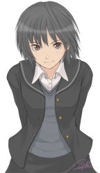 Rule 34 | 1girl, amagami, black hair, brown eyes, nanasaki ai, school uniform, serafuku, short hair, signature, smile, solo, yukihiro