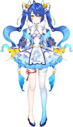Rule 34 | 1girl, amamiya kokoro, bell, blue bow, blue footwear, blue hair, blue nails, blue skirt, blue thighhighs, blush, bow, closed mouth, clothing cutout, detached sleeves, dress, frilled skirt, frilled sleeves, frills, full body, gradient legwear, hair bell, hair bow, hair ornament, jingle bell, leg ribbon, long sleeves, looking at viewer, multicolored clothes, multicolored legwear, nail polish, nijisanji, official art, ribbon, sakura shiori, shawl, shoulder cutout, single thighhigh, skirt, smile, solo, standing, straight-on, tachi-e, thigh ribbon, thighhighs, transparent background, twintails, virtual youtuber, white bow, white dress, yellow eyes