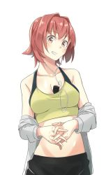 Rule 34 | 10s, 1girl, bare shoulders, blush, breasts, brown eyes, cleavage, digital media player, earphones, highres, ipod, ipod shuffle, jacket, unworn jacket, kantai collection, kinu (kancolle), midriff, negahami, red hair, short hair, simple background, smile, solo, sports bra