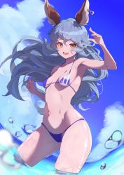 Rule 34 | 1girl, absurdres, animal ears, arm up, armpits, bare shoulders, bikini, blue bikini, blue hair, blue sky, blush, breasts, cloud, collarbone, earrings, erune, ferry (granblue fantasy), granblue fantasy, highres, inuinuo gataken, jewelry, long hair, looking at viewer, navel, ocean, open mouth, orange eyes, shiny skin, sky, small breasts, solo, stomach, sunlight, swimsuit, thighs, toned, wet, wolf ears