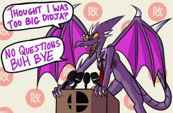 Rule 34 | depeshay, highres, metroid, necktie, nintendo, open mouth, ridley, sharp teeth, solo, super smash bros., tail, teeth, text focus, tongue, wings, yellow eyes