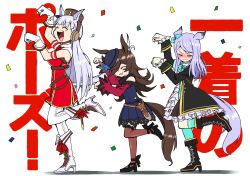 Rule 34 | 3girls, ^ ^, animal ears, black coat, blue flower, blue headwear, blush, boots, bow, bowtie, brown hair, closed eyes, coat, cross-laced footwear, dagger, dress, ear bow, flower, frilled coat, frilled sleeves, frills, gloves, gold ship (umamusume), gold trim, green bow, green bowtie, hachiman (douno), hair over one eye, hat, hat flower, headgear, high heel boots, high heels, highres, horse ears, horse girl, horse pose, horse tail, knee boots, knife, lace, lace-trimmed dress, lace-trimmed legwear, lace-up boots, lace trim, long hair, mejiro mcqueen (umamusume), multiple girls, off-shoulder dress, off shoulder, pantyhose, pillbox hat, red bow, red bowtie, rice shower (umamusume), sheath, sheathed, silver hair, simple background, swept bangs, tail, thighhighs, tilted headwear, umamusume, weapon, white background, white footwear, white gloves, white legwear
