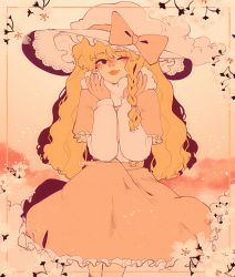 Rule 34 | 1girl, alternate costume, blonde hair, blouse, bow, braid, capelet, crossed legs, dress, eyebrows, flower, framed, frilled dress, frilled hat, frills, hair bow, hat, hat bow, highres, kirisame marisa, linmiee, long hair, long sleeves, pink bow, pink capelet, pink skirt, shirt, skirt, touhou, white shirt, witch hat