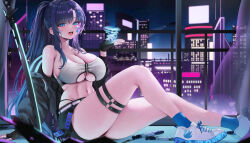 Rule 34 | 1girl, absurdres, bare shoulders, black jacket, black shorts, blue eyes, blue hair, blue socks, blush, breasts, cleavage, commission, full body, gompang 11, highres, jacket, large breasts, long hair, looking at viewer, navel, night, off shoulder, open clothes, open jacket, open mouth, original, ponytail, shoes, short shorts, shorts, sidelocks, sitting, sneakers, socks, solo, sword, thigh strap, thighs, weapon