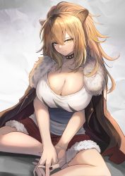 Rule 34 | 1girl, animal ears, arknights, black choker, black jacket, black nails, breasts, brown hair, choker, cleavage, commentary, fur-trimmed jacket, fur-trimmed shorts, fur trim, grey background, hair between eyes, head tilt, highres, jacket, jacket on shoulders, large breasts, lion ears, long hair, looking at viewer, nail polish, ohako (ohako1818), own hands together, red shorts, shirt, short shorts, shorts, siege (arknights), sitting, solo, white shirt, yellow eyes