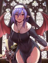 Rule 34 | 1girl, bat wings, breasts, church, curvy, horns, large breasts, leaning forward, light, looking at viewer, medium hair, nun, open mouth, original, pointy ears, purple hair, red eyes, shade, smile, solo, standing, sword, thigh strap, thighs, weapon, wide hips, wings, yoshikawa hideaki