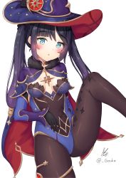 Rule 34 | 1girl, absurdres, aqua eyes, artist name, black gloves, black hair, black pantyhose, blush, breasts, capelet, commentary request, covered navel, fur trim, genshin impact, gloves, gouka, hair ornament, hat, highres, leotard, long hair, looking at viewer, mona (genshin impact), pantyhose, parted lips, shiny clothes, sidelocks, signature, simple background, sitting, twintails, white background